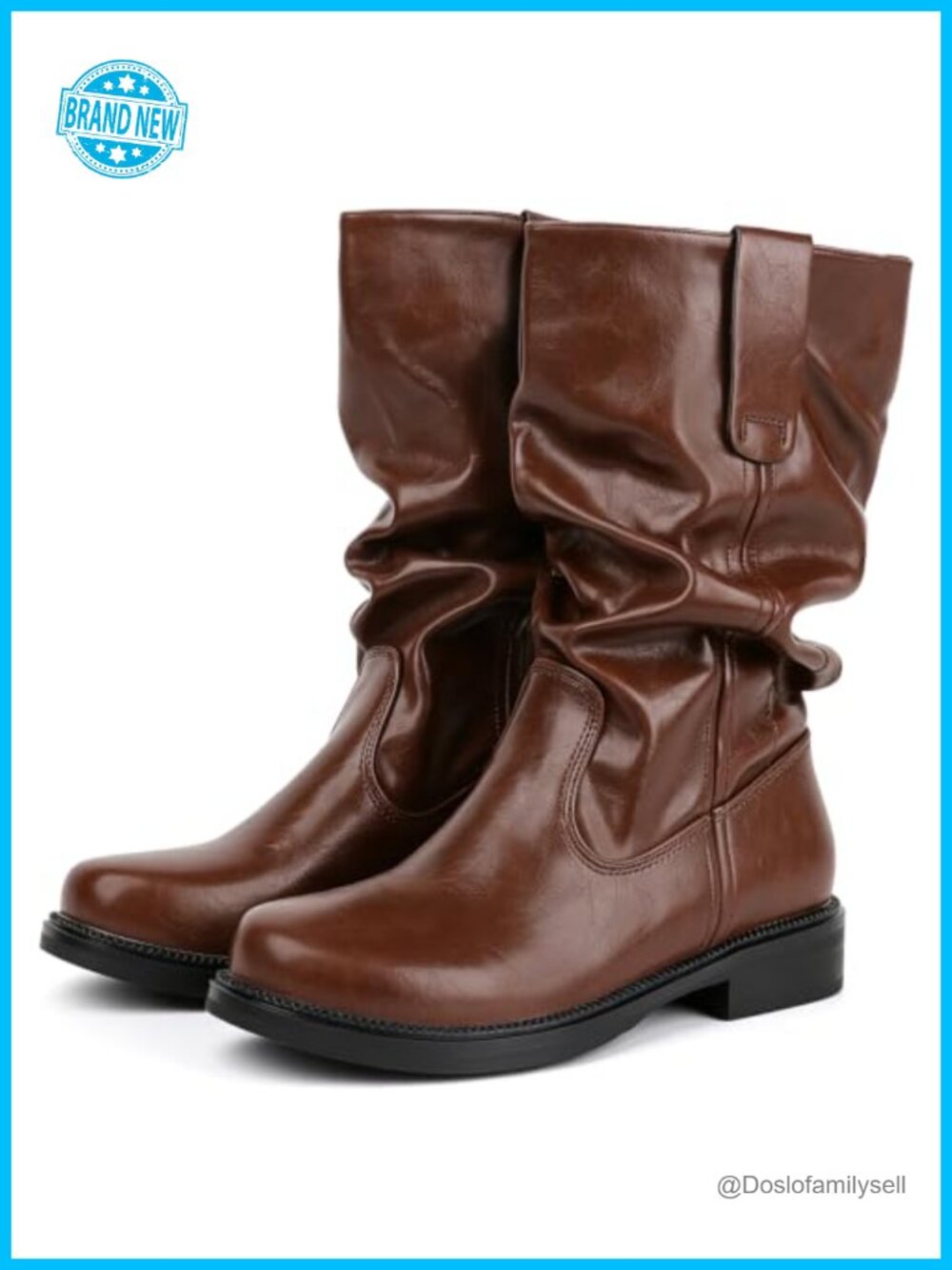 Slouch Mid Calf Pull On Boots Low Heel Faux Leather Riding Flats